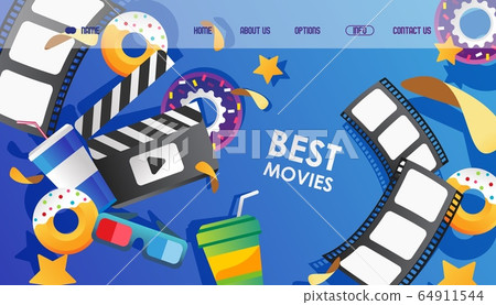 Cinema, beast movies web site set vector illustration. Landing page film strip, 3D glasses for watching and movie clapper. 64911544