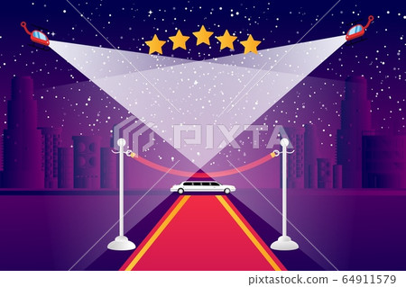 Popular film premiere cinema set vector illustration. Long white limousine near red carpet for famous ator, high movie rating Popular film premiere cinema set vector illustration. Long white limousine near red carpet for famous ator, high movie rating 64911579