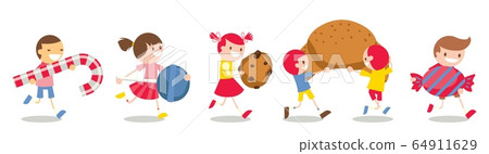 Character kids carry beloved sweets, vector illustration. Happy little boys girls with enlarged lollipop, chocolate chip cookie 64911629
