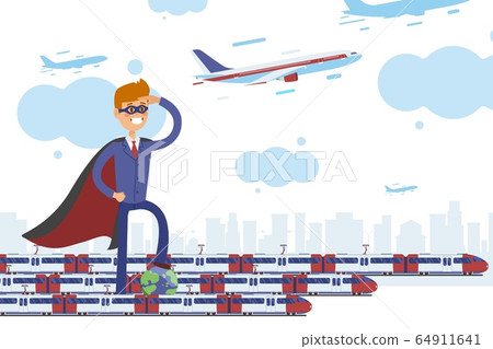 Superhero transportation, planet care business vector illustration. Character in business suit standing near modern trains. 64911641