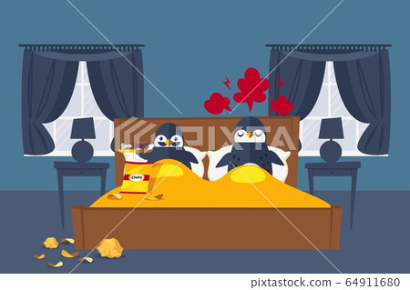 Pair penguins have rest in bedroom, vector illustration. Character with mustache eats meat and chips in bed, annoying his wife 64911680
