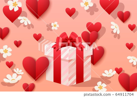 Pretty gift box making with love vector illustration. Square box in striped wrapper, with delicate cartoon bow, packaged gift Pretty gift box making with love vector illustration. Square box in striped wrapper, with delicate cartoon bow, packaged gift 64911704