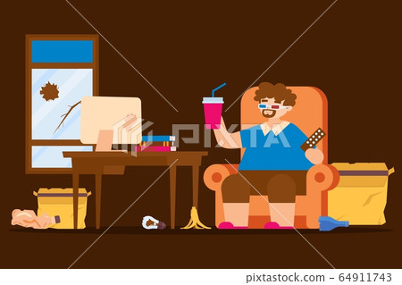 Fat lazy man lifestyle, sitting state vector... - Stock Illustration  [64911743] - PIXTA
