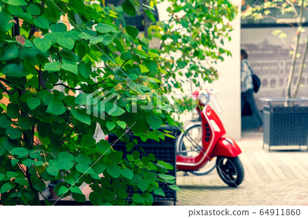 Red scooter parked in the yard 64911860