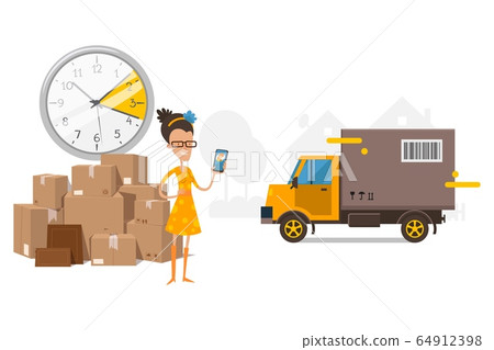 Waiting for truck, cargo transportation, time on clock vector illustration. Customer girl talking with company manager, near boxes 64912398