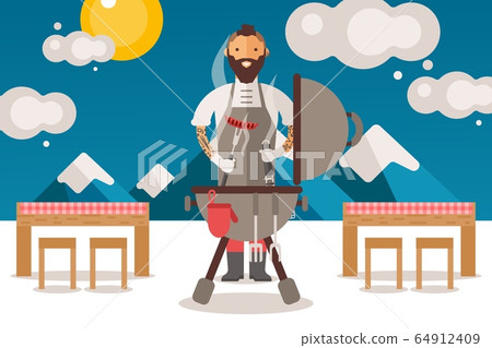 Chief people cooks sausages on grill, vector illustration. Character man with beard and tattoos in apron at barbecue, cook outside Chief people cooks sausages on grill, vector illustration. Character man with beard and tattoos in apron at barbecue, cook outside 64912409
