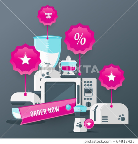 Order now kitchen appliances, online shop buttons vector illustration. Discount cartoon toaster, microwave, coffee grinder Order now kitchen appliances, online shop buttons vector illustration. Discount cartoon toaster, microwave, coffee grinder 64912423