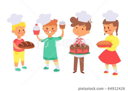 Children bake bread, useful hobby set vector illustration. Characters boys, girls in cook hats hold their dishes, bread. 64912426