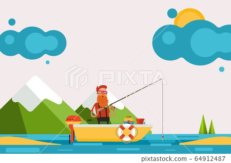 Man on boat with motor engaged in fishing, vector illustration. Character in picturesque place hold fishing rod and catch fish Man on boat with motor engaged in fishing, vector illustration. Character in picturesque place hold fishing rod and catch fish 64912487