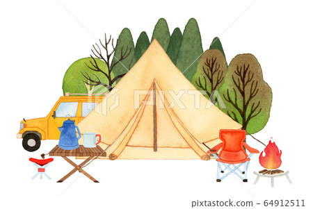 Hand-painted watercolor | Camp Glamping Tippy tent illustration 64912511