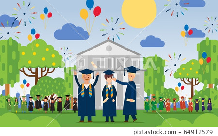 Graduation people vector illustration in front university building graduates different age in mantle, hat. Happy people jump 64912579