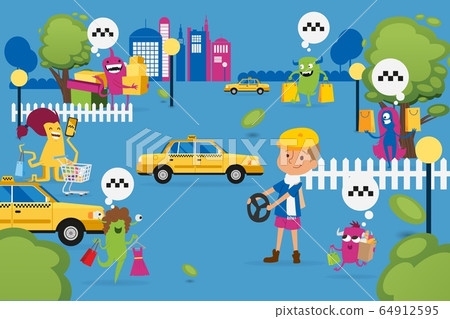christmas monsters shopping and looking for taxi, vector illustration. beasts with purchases, paper bag looking for yellow car. christmas monsters shopping and looking for taxi, vector illustration. beasts with purchases, paper bag looking for yellow car. 64912595