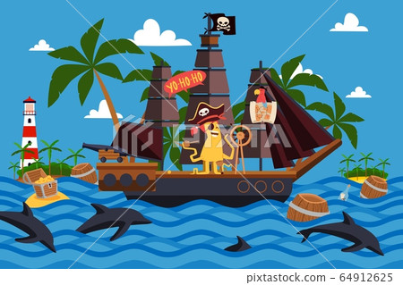Christmas monsters on a pirate ship vector illustration. One-eyed ship captain with tentacles stand at helm. Character monster Christmas monsters on a pirate ship vector illustration. One-eyed ship captain with tentacles stand at helm. Character monster 64912625