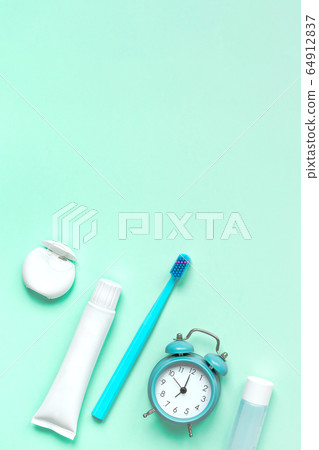 Teeth hygiene and oral care products flatlay Teeth hygiene and oral care products flatlay 64912837