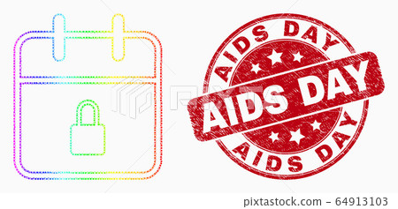 Vector Rainbow Colored Dot Lock Calendar Page Icon and Distress AIDS Day Stamp 64913103