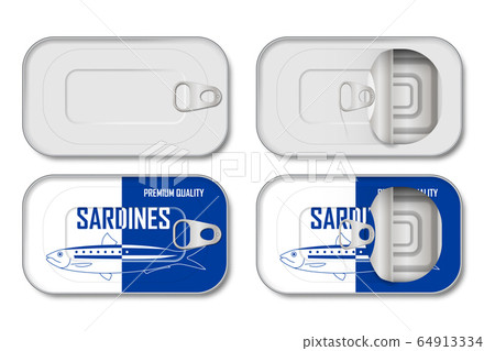 Realistic empty tin can with label and without. Sardine tin can mockup top view isolated. vector illustration template 64913334