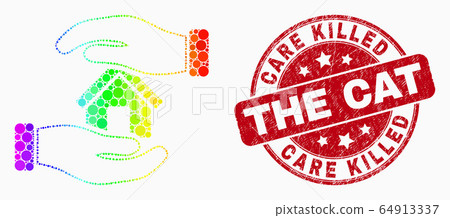 Vector Rainbow Colored Dot Hands Care Home Icon and Scratched Care Killed the Cat Watermark 64913337