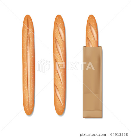 French baguette bread in a paper bag. Set of tasty baked goods for breakfast. Realistic baguette bread and loaf isolated. vector illustration 64913338