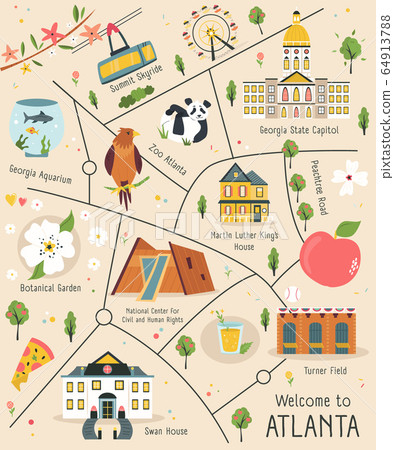 Illustrated map of Atlanta with famous symbols 64913788