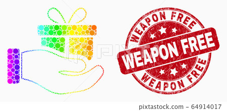 Vector Rainbow Colored Pixelated Gift Hand Icon and Grunge Weapon Free Seal Vector Rainbow Colored Pixelated Gift Hand Icon and Grunge Weapon Free Seal 64914017