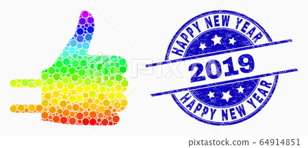 Vector Spectral Pixelated Thumb up Adapter Icon and Scratched Happy New Year 2019 Seal 64914851