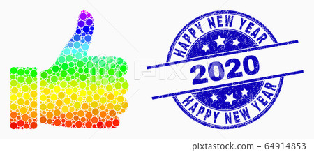 Vector Bright Pixel Thumb Up Icon and Grunge Happy New Year 2020 Watermark Vector Bright Pixel Thumb Up Icon and Grunge Happy New Year 2020 Watermark 64914853