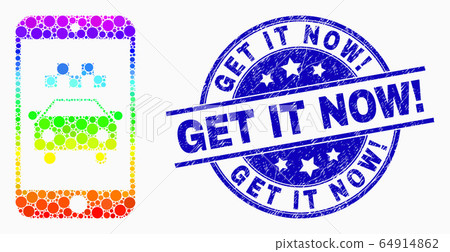 Vector Spectral Pixelated Taxi Smartphone Application Icon and Grunge Get It Now Exclamation Stamp 64914862
