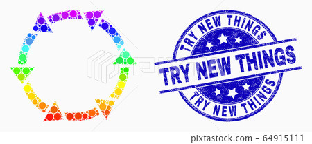 Vector Rainbow Colored Dotted Rotate Arrows Icon and Distress Try New Things Stamp 64915111