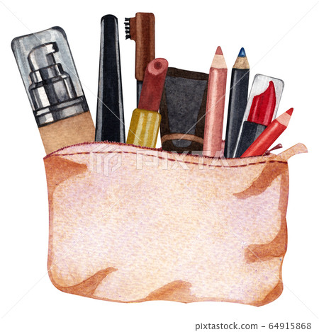 Watercolor make up products. Hand drawn cosmetics set of make up brushes, lipstick, pencils in a cosmetics bag. Watercolor make up products. Hand drawn cosmetics set of make up brushes, lipstick, pencils in a cosmetics bag. 64915868