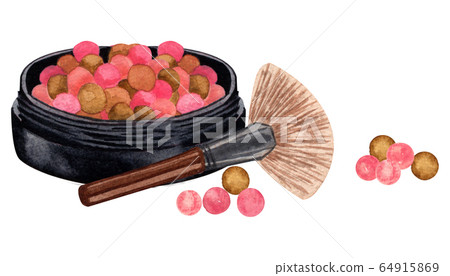 Watercolor make up products. Hand drawn cosmetics set of pearl powder, brush, powder on white background 64915869