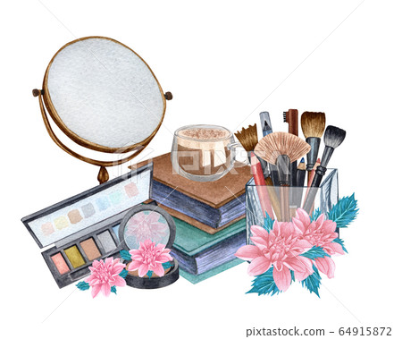 Watercolor make up products. Hand drawn cosmetics set of pearl powder, brushes in a glass holder, powder, texture, palette, mascara, lip stick, pink flowers Watercolor make up products. Hand drawn cosmetics set of pearl powder, brushes in a glass holder, powder, texture, palette, mascara, lip stick, pink flowers 64915872