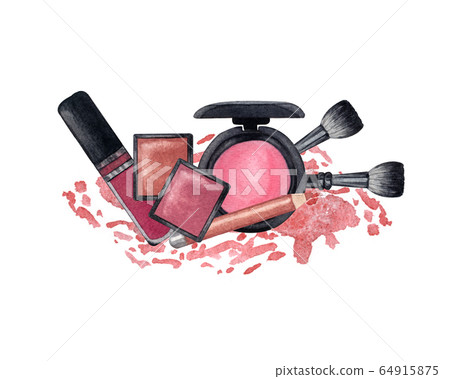 Watercolor make up products. Hand drawn cosmetics set of pearl powder, brush, powder, texture. Watercolor make up products. Hand drawn cosmetics set of pearl powder, brush, powder, texture. 64915875