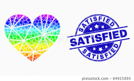 Vector Rainbow Colored Pixelated Polygonal Love Heart Icon and Distress Satisfied Stamp Seal Vector Rainbow Colored Pixelated Polygonal Love Heart Icon and Distress Satisfied Stamp Seal 64915893