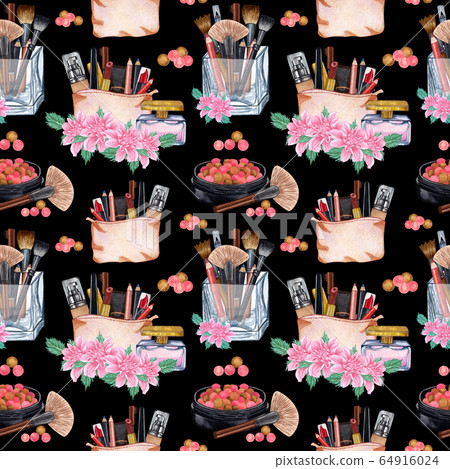 Watercolor make up seamless pattern.Hand drawn seamless cosmetics pattern with lipstick, eye shadows, powder, cosmetics texture, brushes, mascara on dark background 64916024