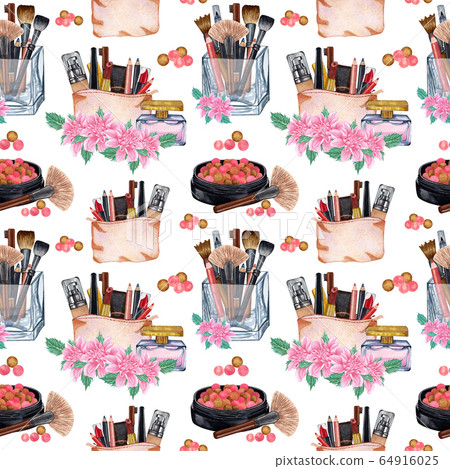 Watercolor make up seamless pattern.Hand drawn seamless cosmetics pattern with lipstick, eye shadows, powder, cosmetics texture, brushes, mascara on white background 64916025