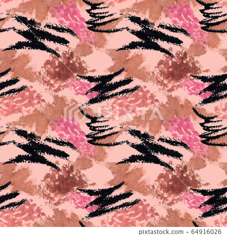 Watercolor make up seamless pattern. Hand drawn seamless cosmetics pattern with lipstick and mascara textures on pink  background. 64916026