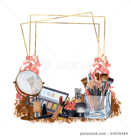 Hand drawn decorative cosmetics frame. Watercolor  make up products. Beauty background.  Make up clip art 64916364