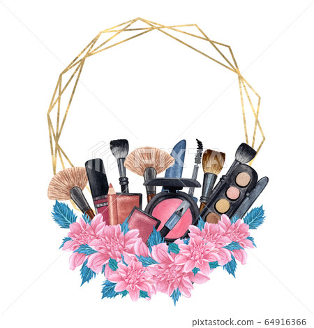Hand drawn decorative cosmetics frame. Watercolor  make up products. Beauty background.  Make up clip art 64916366