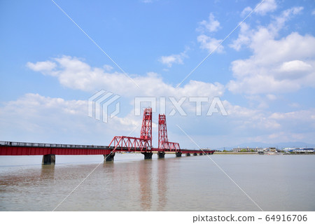 Chikugo River Shokai Bridge Movable bridge for railway Elevating movable iron bridge Photo taken from Fukuoka prefecture side Chikugo River Shokai Bridge Movable bridge for railway Elevating movable iron bridge Photo taken from Fukuoka prefecture side 64916706