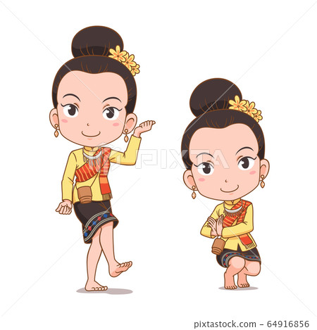 Cartoon character of traditional Thai dancer girl. Serng Kratip dance. 64916856