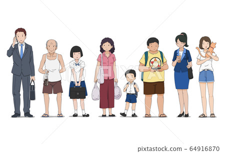 Set of various people in different poses standing on street. 64916870