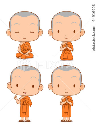 Cartoon character of Buddhist monks in different poses. Cartoon character of Buddhist monks in different poses. 64916908