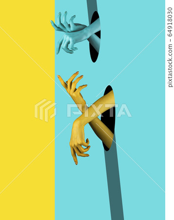 Bright painted hands touching by fingers. Contemporary art collage. Bright painted hands touching by fingers. Contemporary art collage. 64918030