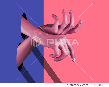 Bright painted hands touching by fingers. Contemporary art collage. 64918035