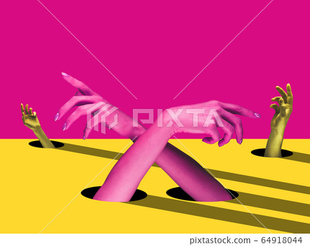 Bright painted hands touching by fingers. Contemporary art collage. 64918044