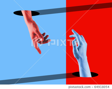Bright painted hands touching by fingers. Contemporary art collage. 64918054