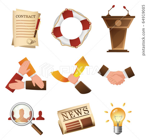 Business related objects and people isolated cartoon design set. Corporate life items vector illustration pack in flat style 64919085