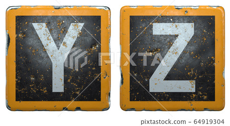 Public road sign orange and black color with a capital set of letters Y, Z in the center isolated on white background. 3d 64919304