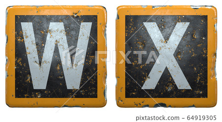 Public road sign orange and black color with a capital set of letters W, X in the center isolated on white background. 3d 64919305