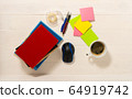Home office concept. Work from home. Books and cafe cuo on the white wooden background. Top view. Sweden.  64919742